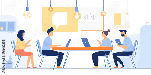 Business team meeting brainstorming flat vector illustration with diverse professionals discussing ideas around table in modern office environment