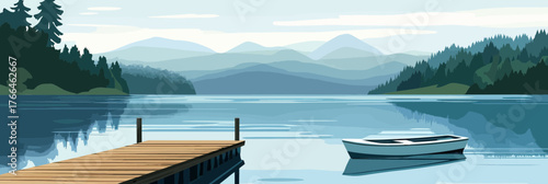 Calm lake with wooden dock and rowboat reflecting forested mountains and cloudy sky minimalistic flat vector illustration