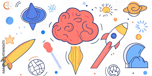 Hand drawn doodle style rocket launching from brain light bulb concept with outer space elements creative idea illustration