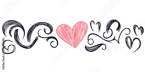 Hand drawn heart and swirl divider with doodle sketch style love theme line art decorative border for wedding and romantic design vector illustration