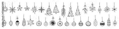 Set of isolated Christmas ornaments in black outline and white plain for holiday decorations on transparent background.