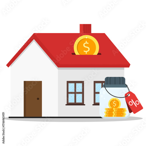 Houseshaped money box with coin slot and glass savings jar, ideal for financial concepts, savings campaigns, household budgeting graphics.