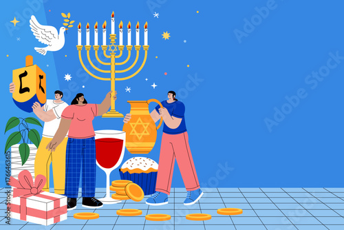 Hanukkah background with menorah people and festive items in hand-drawn flat cartoon style
