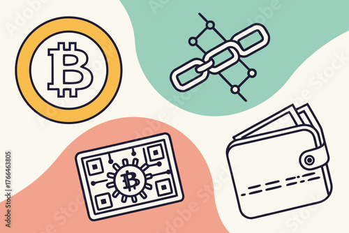 Bitcoin cryptocurrency icons including coin, blockchain, wallet, and qr code
