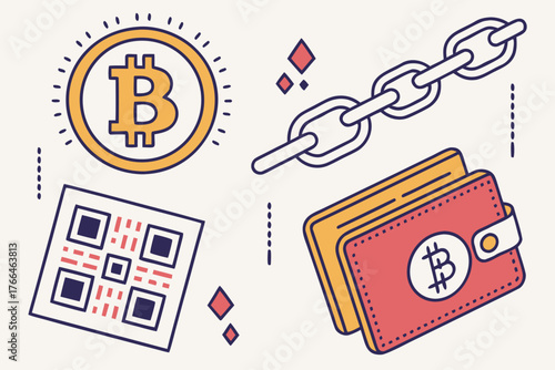 Bitcoin cryptocurrency icons including coin, blockchain, wallet, and qr code