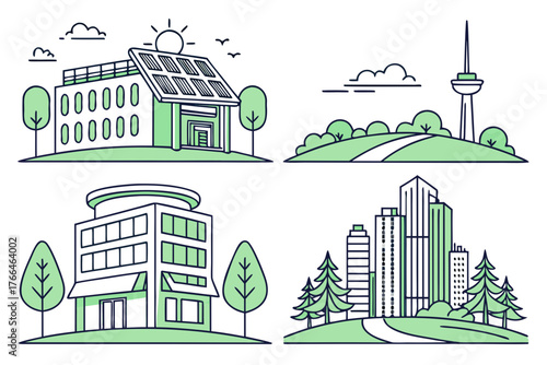 Modern buildings with solar panels and cityscapes