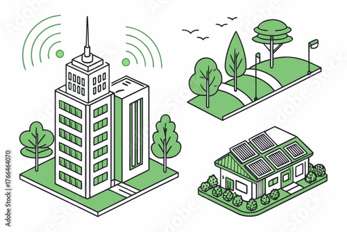 Smart city buildings and house with solar panels