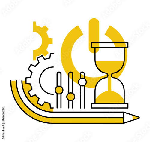 Personal time management concept. Hourglass, pencil and gears