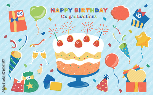 ポップでカラフルなキャラクターとケーキが描かれたハッピーバースデーイラスト誕生日カード、誕生日ケーキ付きバースデーカード