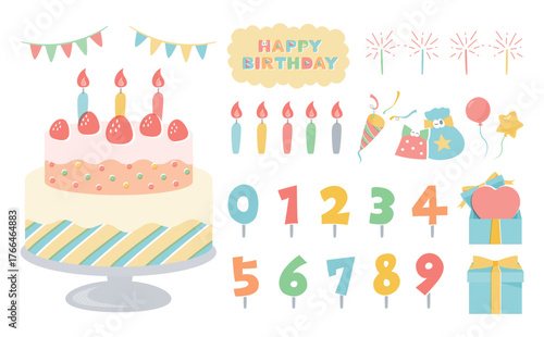 誕生日祝いに使えるこども向けカラフルな誕生日ケーキのポップなイラストと手書きフォント素材セット