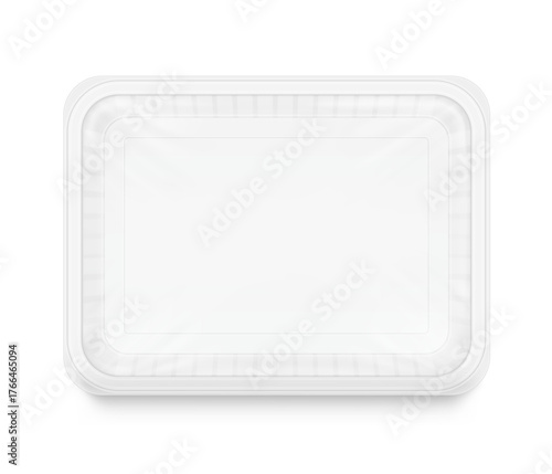 Clear tray container mockup. Vector illustration isolated on white background. Layered template file easy to use for your promo product: meat of animals, chicken, fish and other food. EPS10.