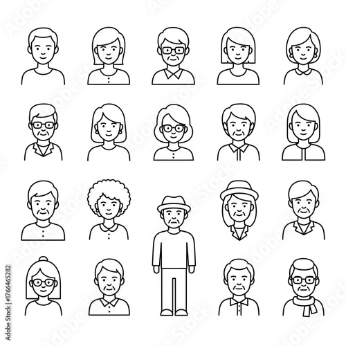 Diverse collection of modern line art avatars representing men and women across generations, perfect for user profiles and branding