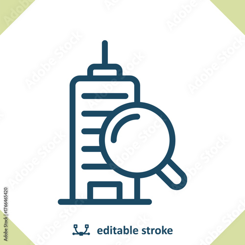 Real Estate Icon. Building, Office Building, Apartment Building, Magnifier, Magnifying Glass