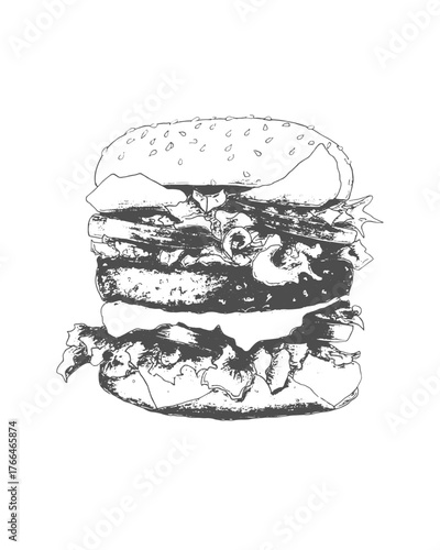 Sketch of burger drawn with black pencil on white background.