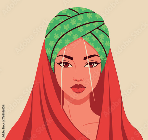 Woman with red veil and green turban adorned with small white flowers