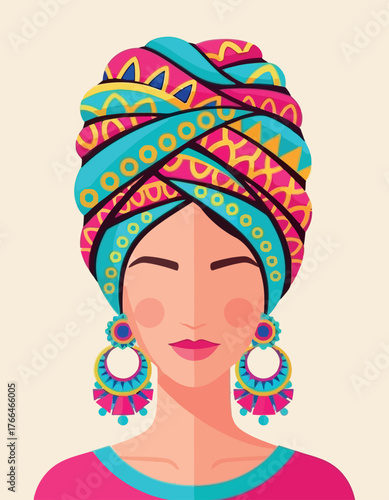 Woman wearing a vibrant patterned turban and large ornate hoop earrings