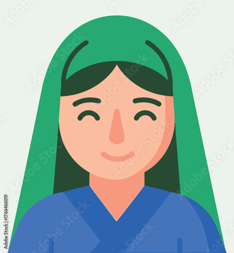Woman with green head covering and blue top smiling with eyes closed