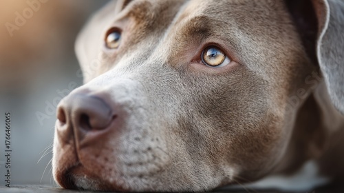 Wallpaper Mural Close-up of thoughtful brown dog lying down looking upwards. Pitbull Awareness Month Torontodigital.ca