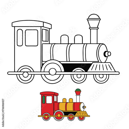 A detailed locomotive coloring page featuring a classic steam engine with large wheels, a smokestack puffing clouds, and railway tracks—perfect for train lovers to color!
