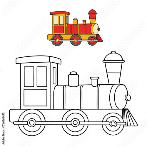 A detailed locomotive coloring page featuring a classic steam engine with large wheels, a smokestack puffing clouds, and railway tracks—perfect for train lovers to color!

