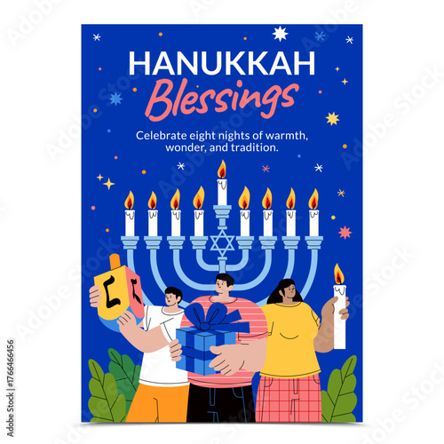 Hanukkah celebration poster with menorah gifts and family in hand-drawn flat cartoon style