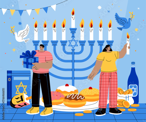 Hanukkah celebration composition with menorah food and people in hand-drawn flat cartoon style