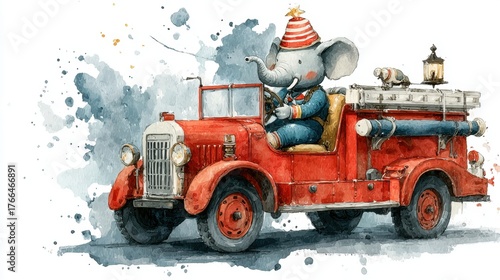 Whimsical elephant firefighter driving vintage fire truck in watercolor art