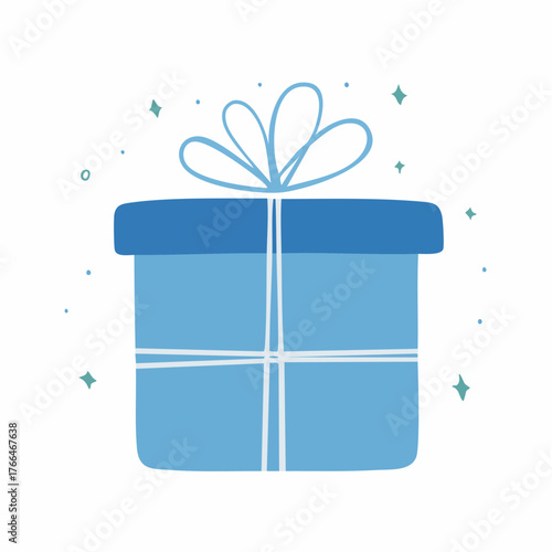 blue Christmas gift. Naive style kid's drawing. 