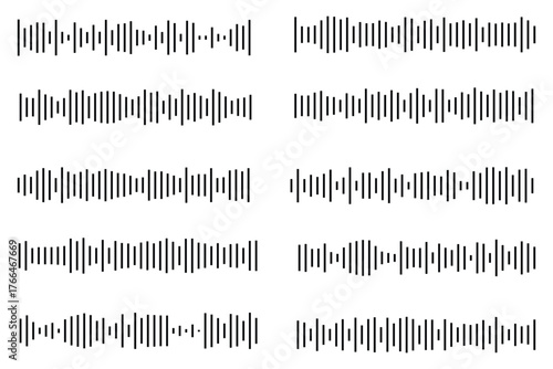 Podcast sound waves, audio spectrum waveforms, music or voice digital track vector line soundwaves with abstract pattern of sound frequency. Isolated podcast visualizer audio waves and waveforms set