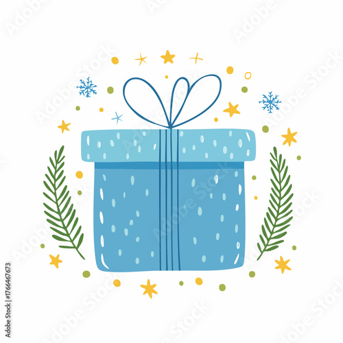 blue Christmas gift. Naive style kid's drawing. 
