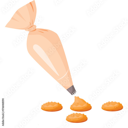 Peach Icing Bag Decorating Cookies With Creamy Icing On A White Background