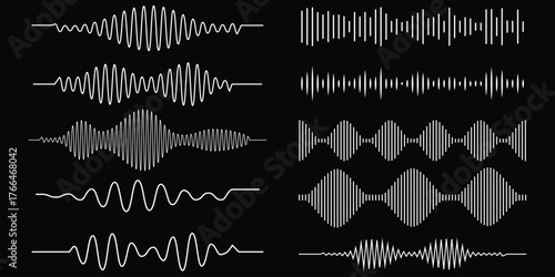 Podcast sound waves and audio soundwave of voice message records, vector icons. Podcast sound waves for online audio streaming and podcasting or music player and mobile phone voice message soundwaves