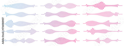 Podcast sound waves. Audio waveforms line icons, sound wave frequency or voice microphone signals. Music, podcast and broadcast, UI and audio branding design. Isolated vector set