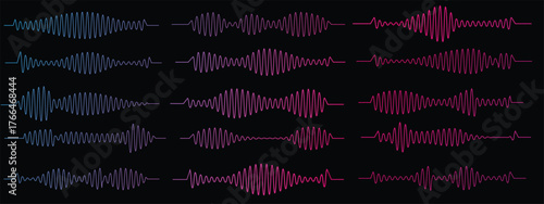 Podcast sound waves. Audio waveforms line icons, sound wave frequency or voice microphone signals. Music, podcast and broadcast, UI and audio branding design. Isolated vector set