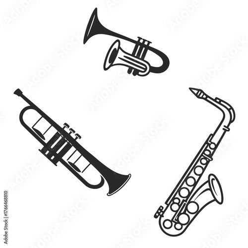 Illustration showcasing three musical instruments including two trumpets and a saxophone on a white background created with generated ai