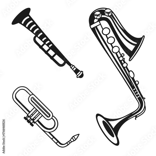 Illustration of three musical instruments including a trumpet, trombone, and a saxophone instrument created with generated ai