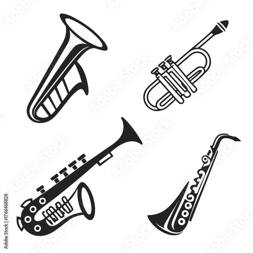 Collection of musical instruments including a tuba trumpet clarinet and saxophone in black and white style created with generated ai
