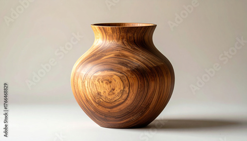 Handmade wooden vase on neutral background, smooth surface and natural wood grain