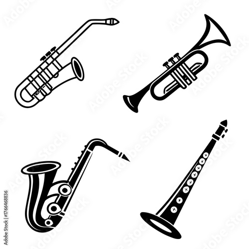 Illustration showing a soprano saxophone trumpet tenor saxophone and a clarinet in black and white style created with generated ai