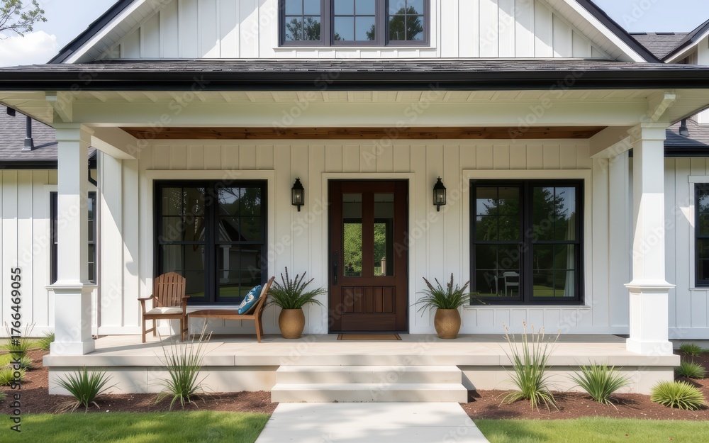 Obraz premium Modern house entrance with porch, windows, and landscaping, featuring a cozy atmosphere.