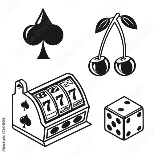 Illustration of a spade, cherries, a slot machine with sevens, and dice for gambling games and luck created with generated ai