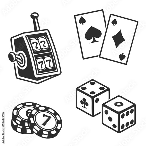 Illustration of a slot machine, playing cards, casino chips, and dice in a monochrome style drawing created with generated ai