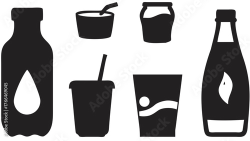 Illustration of various drink containers including bottles cups and jars in a simple black and white style created with generated ai