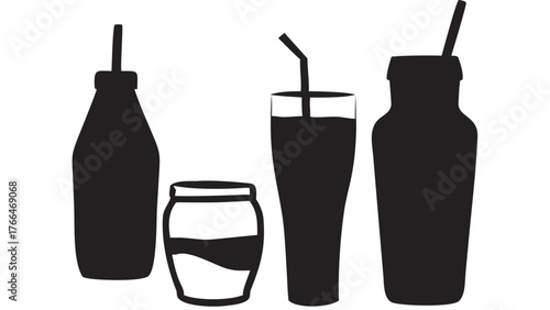 Silhouette illustration of various drink containers including bottles and a glass with a straw created with generated ai