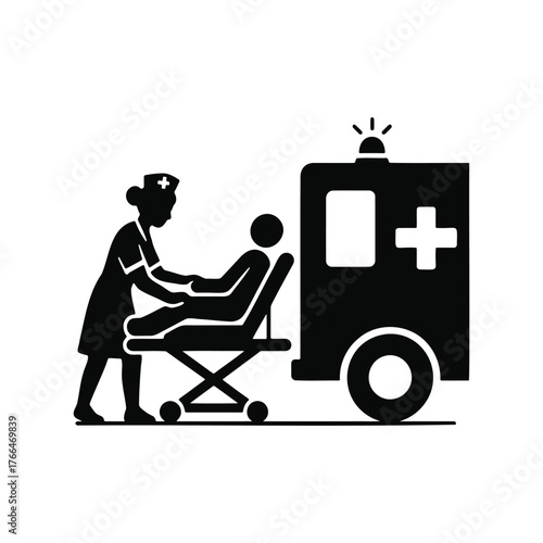 Ambulance and paramedic assisting patient on stretcher.