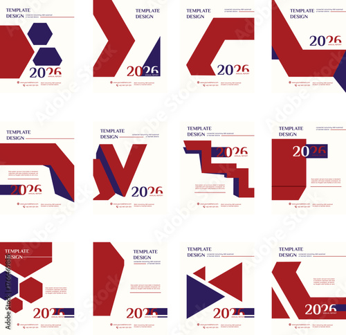 A collection of modern vector templates featuring abstract geometric shapes in red and blue for corporate brochure and report covers