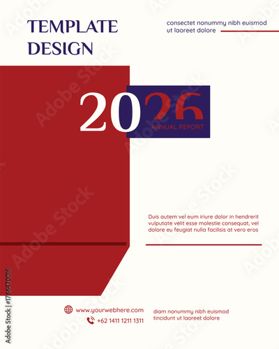Modern business annual report cover page template design with geometric red and white layout, ideal for professional corporate documents and marketing presentations