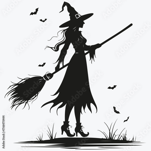 witch on a broom sketch illustration vector