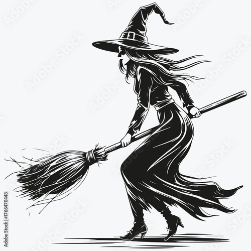 witch on a broom sketch illustration vector