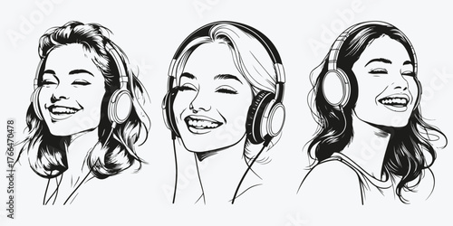 woman in headphones listen music and smiling sketch illustration vector set